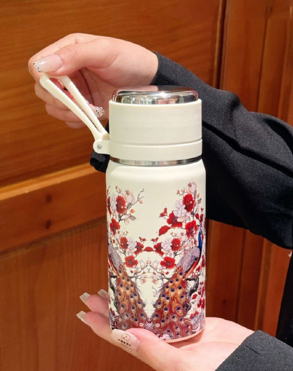 316不锈钢国风图案保温杯水杯高颜值自带小杯盖随行便携杯