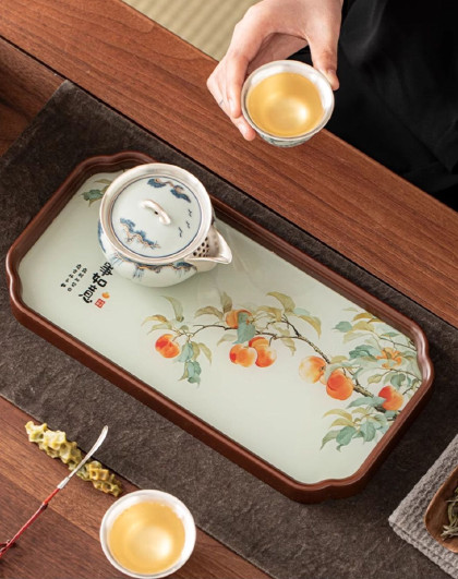 柿柿如意茶盘简约家用中式茶室水果点心盘收纳盘长方形玻璃茶托盘