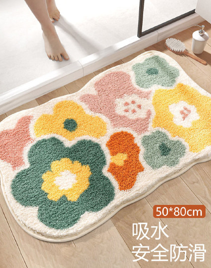 清新浴室地垫花朵厕所吸水脚垫卫生间防滑可爱吸水防滑仿羊绒地垫