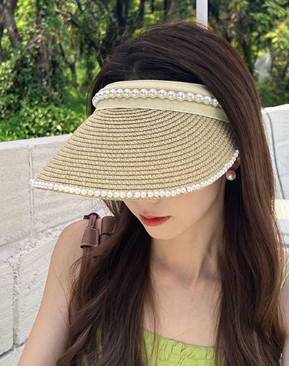 珍珠空顶帽子女夏遮阳帽防晒草帽小清新沙滩帽大檐无顶发箍太阳帽