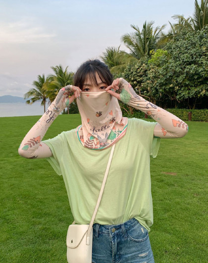 2件套冰感遮脸女防紫外线护臂手臂骑行防晒面纱防晒袖套