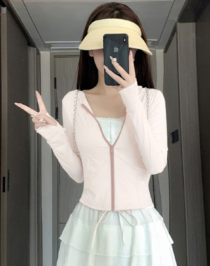 春夏季户外连帽薄款开衫修身连帽骑行女外套长袖百搭收腰透气舒适