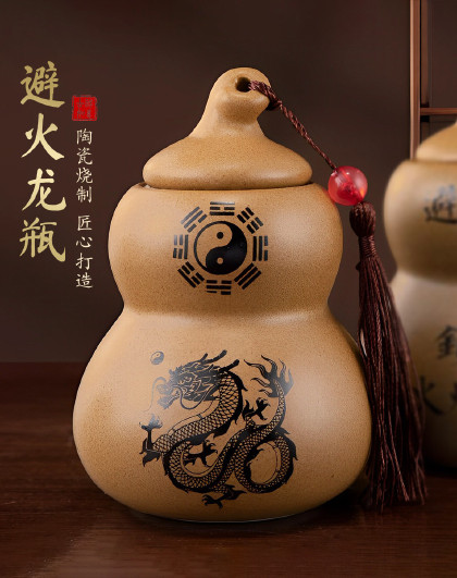 厨房葫芦避火龙瓶摆件随身空心顶开盖葫芦陶土色瓶摆件套装
