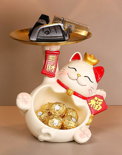 家居客厅玄关装饰品摆件财猫托盘入户钥匙收纳玄关装饰品乔迁摆件