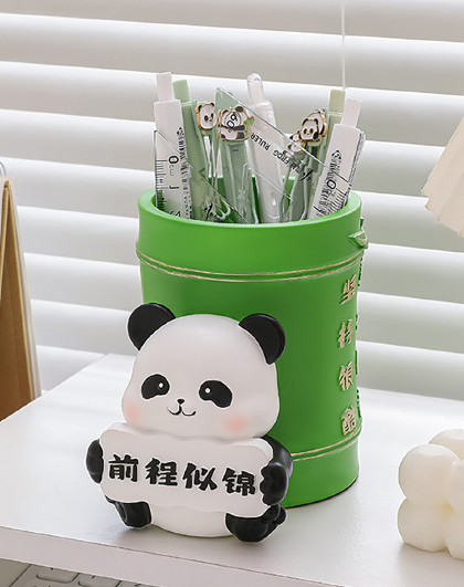 创意笔筒办公室学生桌面装饰儿童学习熊猫竹子笔筒前程似锦摆件