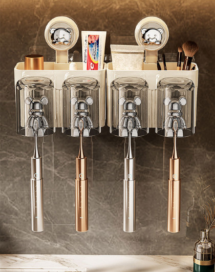 壁挂式浴室牙刷收纳架子免打孔卫生间挂吸盘小熊壁挂式置物架
