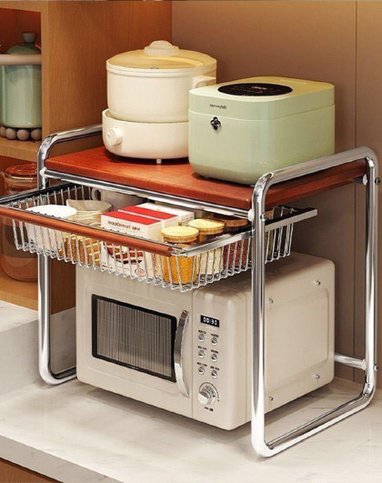 家用台面电饭锅烤箱收纳支架架子抽拉式中古风多功能微波炉置物架