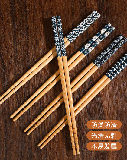 30双装家用家庭组分食筷子一人一筷复古印花时尚防滑楠竹筷