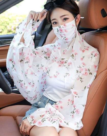 2件套夏季斗篷防晒披肩女丝巾海边沙滩巾挂耳遮阳一体防晒面罩