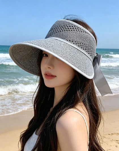 户外度假草帽海边沙滩帽大檐空顶遮阳帽女士出游装饰帽子脸基尼