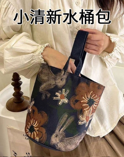 复古手提包百搭水桶包手拎便当包外出帆布包收纳包小清新水桶包