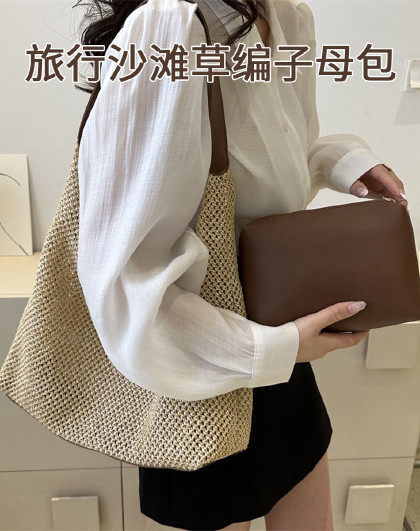 出行包大容量编织包女清新单肩包出游包包旅行沙滩草编子母包