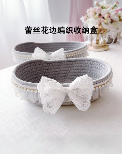 复古收纳筐收纳盒蝴蝶结珍珠饰品化妆品收纳筐蕾丝花边编织收纳盒