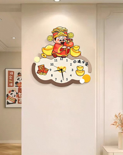 家用装饰壁钟创意日进斗金财神挂钟餐厅钟表挂墙电视背景墙挂钟